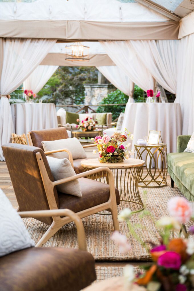 Clear top tent with draping for a backyard wedding