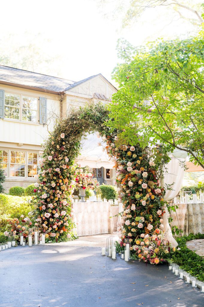 Floral arch entrance for a backyard wedding in South Carolina