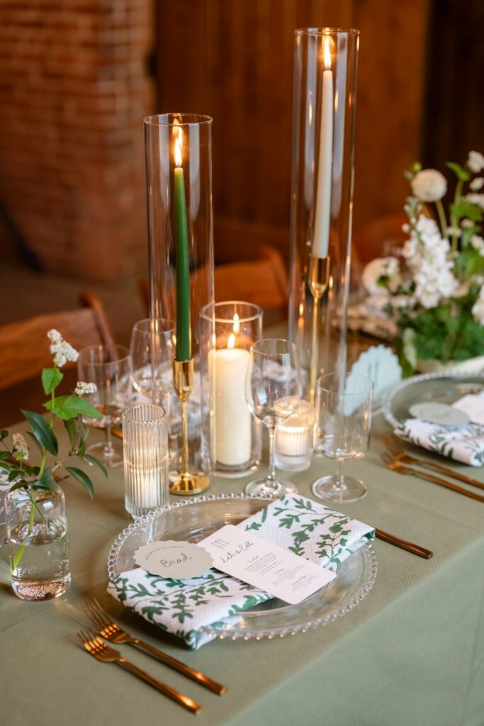 Green and white wedding place setting