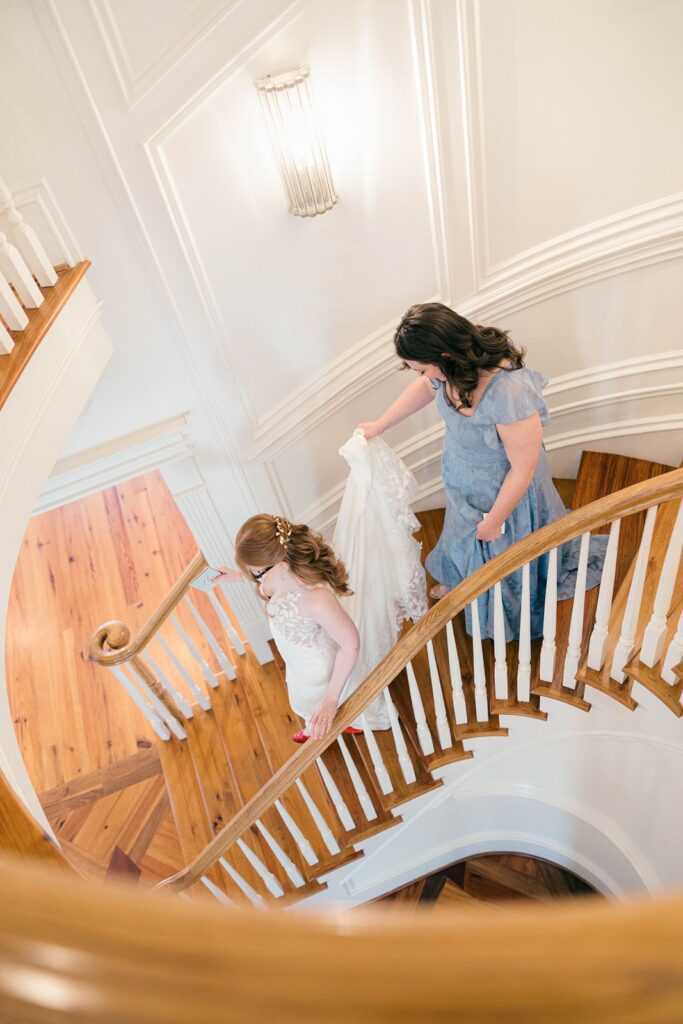 Bride on spiral staircase