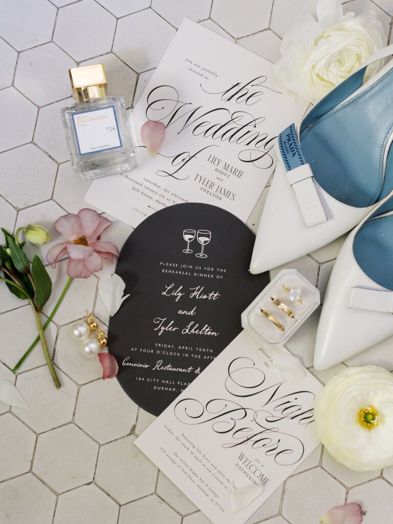 Vintage meets modern invitation suite with prada wedding heels