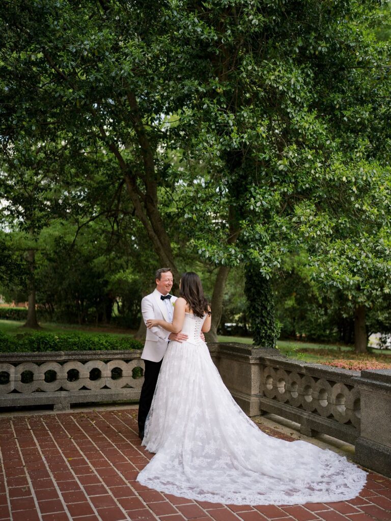 Bride and groom on veranda